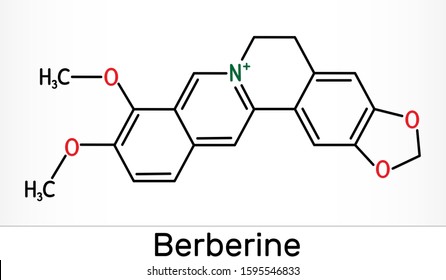 Berberine C20H18NO4, herbal alkaloid molecule. Skeletal chemical formula. Illustration 