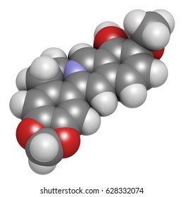 Berberine herbal medicine molecule. 3D rendering. Atoms are represented as spheres with conventional color coding: hydrogen (white), carbon (grey), nitrogen (blue), oxygen (red).