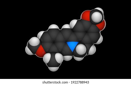Berberine is a quaternary ammonium salt of an isoquinoline alkaloid and found in such plants as Berberis. Formula: C20H18NO4+. Chemical structure model: Space-Filling. 3D illustration.