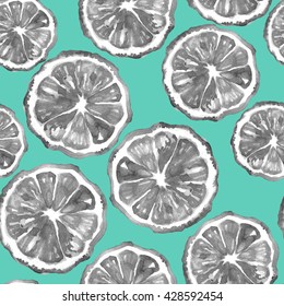Bergamot citrus fruit section watercolor seamless pattern. Monochrome hand drawn nature painting on blue background. Botanical art illustration. Vintage design for fabric, invitation, greeting card.