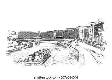 Berlin Cityscape With Tourist Boat On River Spree. City Skyline Background, Berlin, Germany, Pencil Style Sketch Illustration.