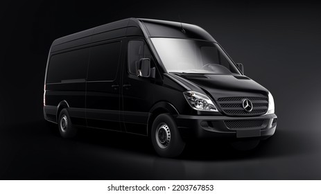 Berlin, Germany. April 28, 2022: Mercedes-Benz Sprinter. Black European Commercial Van Isolated On Black Background. 3d Illustration.