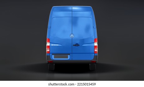 Berlin, Germany. April 28, 2022: Mercedes-Benz Sprinter. Blue European Commercial Van Isolated On Black Background. 3d Illustration.