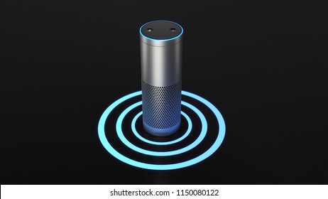 BERLIN, GERMANY - AUG 6: 3D Illustration Of Amazon Alexa Echo Plus On Black Backround