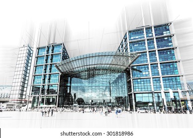 Berlin Germany Main Railway Station From Outside. A Lot Of People Walking To The Entry.  Like Technical Drawing