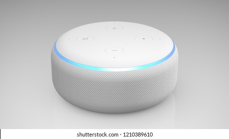 BERLIN, GERMANY - OCT 23: 3D Illustration | Amazon Echo Dot White Loudspeaker with activated voice  recognition, on light backround.