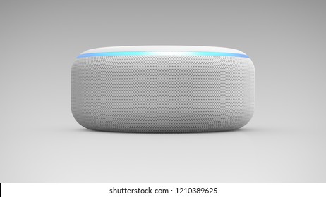 BERLIN, GERMANY - OCT 23: 3D Illustration | Amazon Echo Dot White Loudspeaker with activated voice  recognition, on light backround.