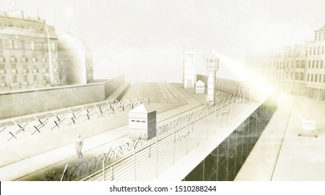 The Berlin Wall was a guarded concrete barrier that physically divided Berlin from 1961 to 1989. The barrier included guard towers, accompanied by a wide area (death strip), militarized. 3d render