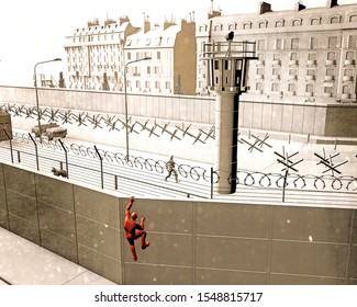 The Berlin Wall was a guarded concrete barrier that physically divided Berlin from 1961 to 1989. The barrier included guard towers, militarized. Attempt to escape by climbing over the wall. 3d render