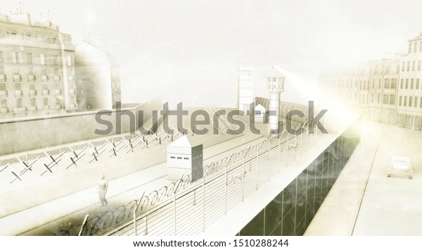 The Berlin Wall was a guarded concrete barrier\
that physically divided Berlin from 1961 to 1989. The barrier\
included guard towers, accompanied by a wide area (death strip),\
militarized. 3d\
render