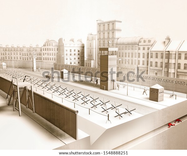 The\
Berlin Wall was a guarded concrete barrier that physically divided\
Berlin from 1961 to 1989. The barrier included guard towers,\
militarized. Escape attempt with tunnel. 3d\
render