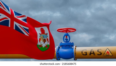 Bermuda gas, valve on the main gas pipeline Bermuda, Pipeline with flag Bermuda, Pipes of gas from Bermuda, 3D work and 3D image