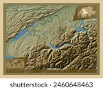 Bern, canton of Switzerland. Colored elevation map with lakes and rivers. Locations of major cities of the region. Corner auxiliary location maps