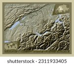 Bern, canton of Switzerland. Elevation map colored in wiki style with lakes and rivers. Locations and names of major cities of the region. Corner auxiliary location maps