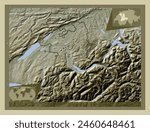 Bern, canton of Switzerland. Elevation map colored in wiki style with lakes and rivers. Locations of major cities of the region. Corner auxiliary location maps