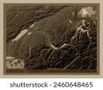 Bern, canton of Switzerland. Elevation map colored in sepia tones with lakes and rivers. Locations of major cities of the region. Corner auxiliary location maps