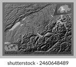Bern, canton of Switzerland. Grayscale elevation map with lakes and rivers. Locations of major cities of the region. Corner auxiliary location maps