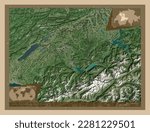 Bern, canton of Switzerland. Low resolution satellite map. Locations and names of major cities of the region. Corner auxiliary location maps