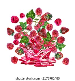 Berries falling into juice. Composition with strawberries and raspberries. Watercolor. For packaging, labels, textiles