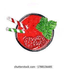 Berry Smoothie With Raspberries And Mint Leaves. Isolated Watercolor Drawing On A White Background