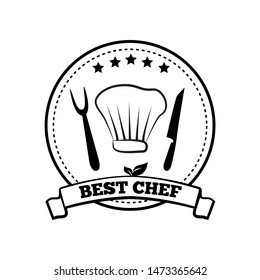 Best Chef Monochrome Round Emblem With Five Stars. Chefs Hat And Cutlery On Black White Sticker. Quality Assurance Logotype Raster Illustration.