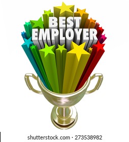 Best Employer Words In A Gold Trophy With Colorful Starts To Illustrate The Top Rated Workplace For Your New Job Or Career