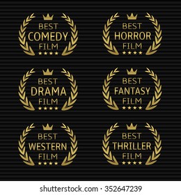 Best Film Award Icon Set. Golden Laurel Wreaths, Raster Illustration