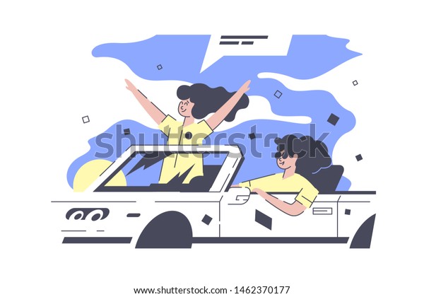 Best
friends in car illustration. Gorgeous women driving expensive
vehicle on full speed. Pretty excited brunette with speech bubbles
standing and raising hands flat style
concept