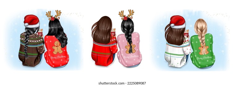 Best friends in Christmas sweaters sit with their backs. - Powered by Shutterstock