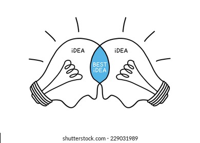 Best Idea Light Bulbs Concept Hand Drawn With Black Marker On White. Teamwork Makes The Best Ideas.