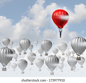 The best leadership concept with a group of grey hot air balloons in the sky and a red aircraft guided by a business leader rising above the competition as a success metaphor for leadership. - Powered by Shutterstock - Get 15% off with code: PIKWIZARD15