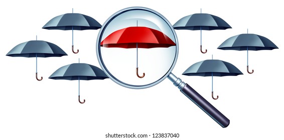 Best Protection Concept As Grey Umbrellas With A Magnifying Glass Focusing On A Red One Standing Out From The Crowd As A Confident Icon Of Security And Safe Financial Peace Of Mind.