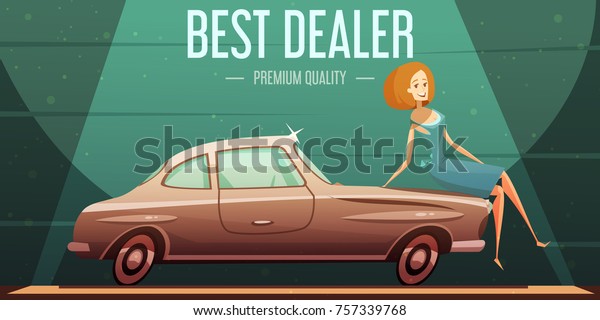 Best selling vintage cars dealer premium service low\
prices retro advertisement poster with girl cartoon  illustration\
