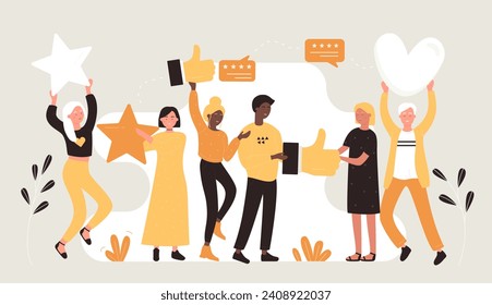 Best survey experience, support and good review evaluation from tiny people. Cartoon happy satisfied customers holding stars, thumbs up and heart likes flat illustration. Feedback concept - Powered by Shutterstock