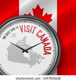 The Best Time to Visit Canada. Travel to Canada. Tourist Air Flight. Waving Flag Background and Dots Pattern Map on the Dial. Illustration.