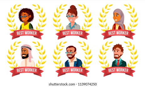 Best Worker Employee Set. Man, Woman. Arab, Turkish, European, Afro American. Award Of The Year. Gold Wreath. The Most Great Results. Smiling Leader Business Illustration - Powered by Shutterstock