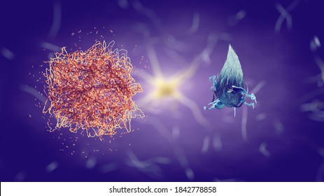Beta-amyloid protein/Amyloid plaque and Tau protein aggregate 3d ilustration. Neurofibrillary tangle are primary markers for Alzheimer's disease