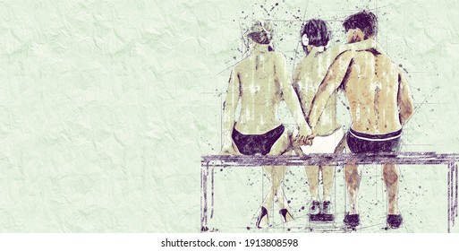 Betrayal Concept. 2+1 Two Women And One Man. Love Triangle. Young People In The Summer On The Beach. Sketch Drawing In Pencil Style. Horizontal Orientation With Copy Space