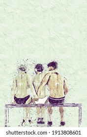 Betrayal Concept. 2+1 Two Women And One Man. Love Triangle. Young People In The Summer On The Beach. Sketch Drawing In Pencil Style. Vertical Orientation With Copy Space