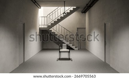 Between Doors. 3D render of a minimalist concrete stairwell with chair, doors, and industrial lighting. Modern architecture scene in neutral tones for design, background, or concept use.