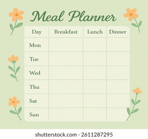 a beutifully designed floral themed weekly meal planner. includes sections for day, breakfast, lunch, and dinner. soft  pastel  colors anda artistik floral elements