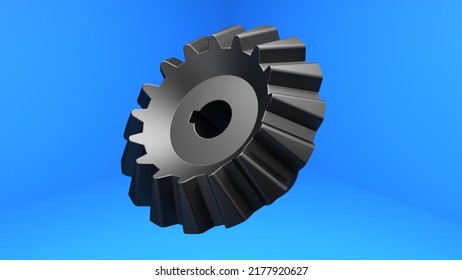 Bevel Gear. Black Gear. Blue Background. 3D Rendering