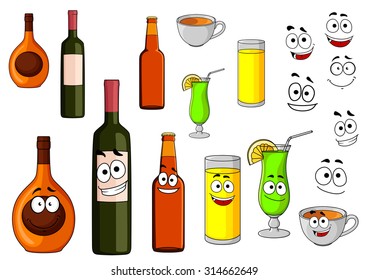 Beverage icons with a bottle of wine, tropical cocktail, liqueur, fruit juice, beer bottle and cup of coffee with happy cartoon smiling faces