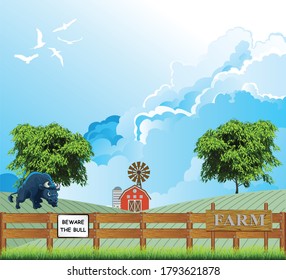 Beware the bull sign on wooden fence with angry looking bullock in field set against a blue cloudy sky