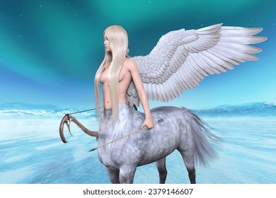 A bewitching centaur with large wings, staring off into the distance.3D illustration,3D rendering