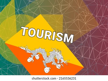 Bhutan Tourism. Nation Flag On Colorful Background.  Thimphu  And Bhutan Tourism Concept. Travel, Vacation And Tour In . Abstract Geometric Style, 3d Image