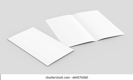 Bi Fold Brochure Mock Up Isolated On Soft Gray Background. 3D Illustrating