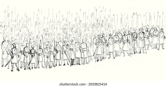 Bible age strong male combat guard field camp troop crowd row assault front scene. Middle east russia black empire strength hand drawn holy jew God story retro cartoon line sketch biblic religion art