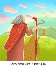 Bible Children Illustration. Abraham Is Standing With Stick With Looking At Long Far Road