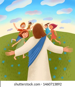 Bible children illustration. Jesus waits for children with open arms, children run to him with joy and happiness.